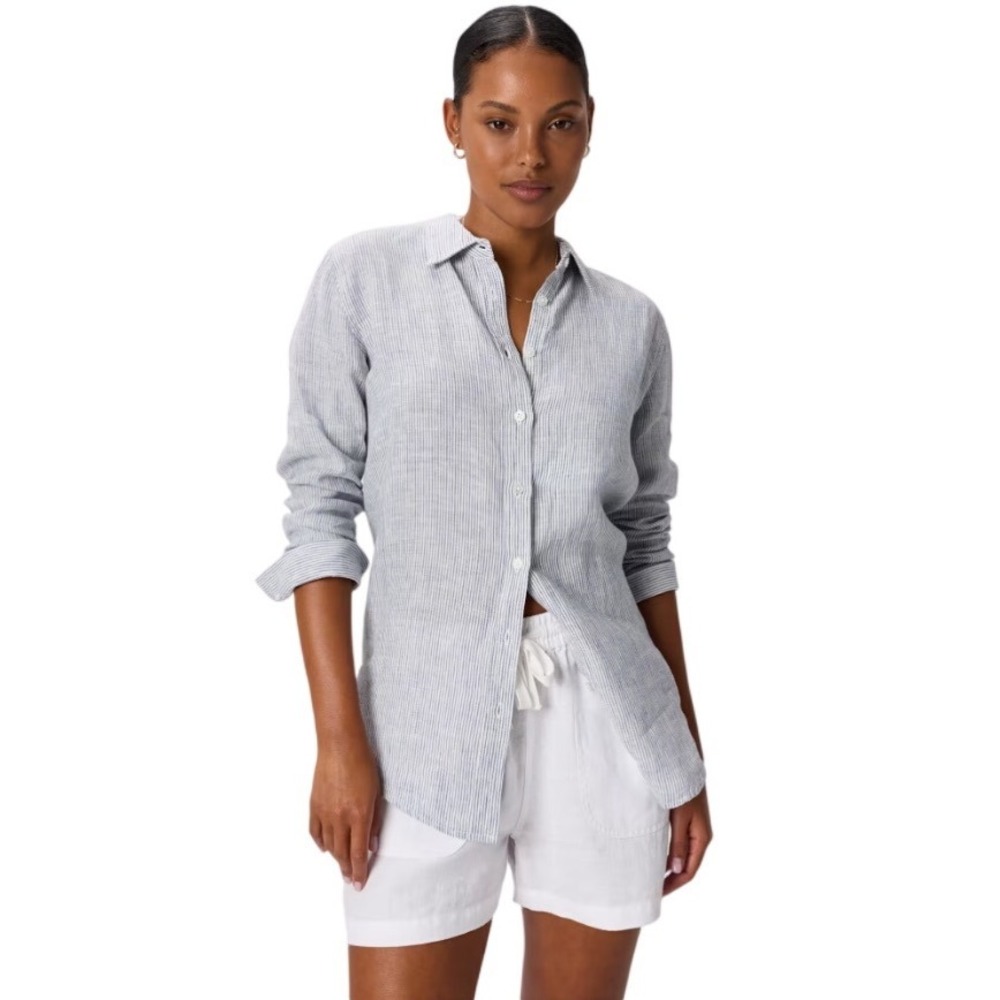 Quince 100% European Linen Blue Pinstripe Button Down Shirt Coastal Preppy S